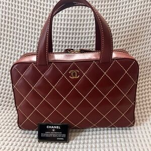 Vintage CHANEL Brown Quilted Shoulder Bag with Gold Logo